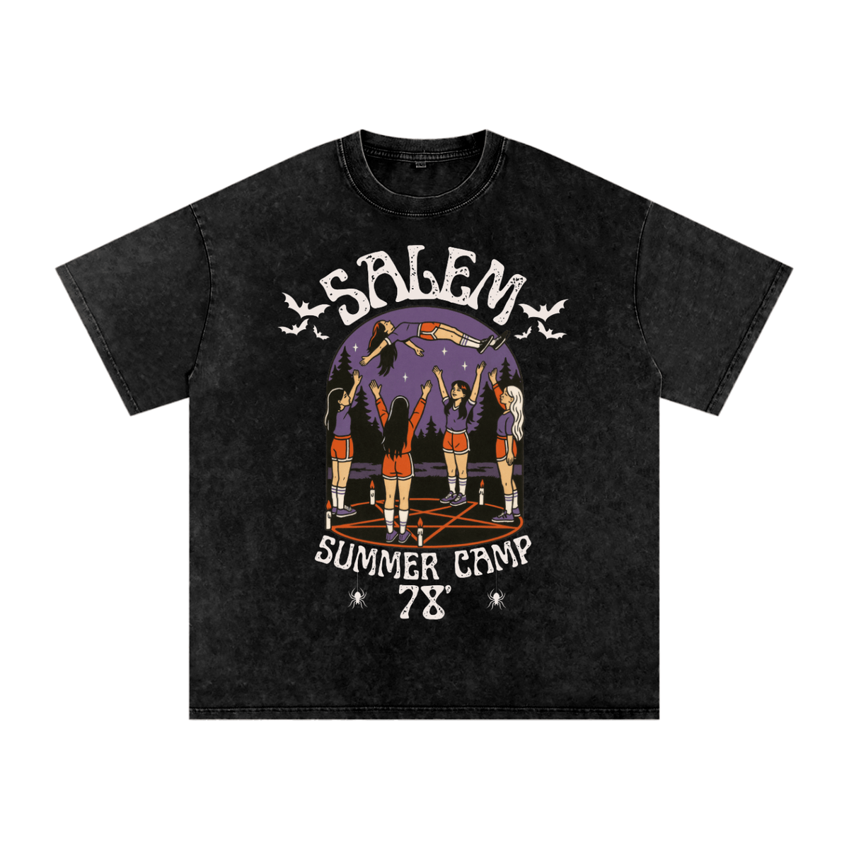 Salem Summer Camp '78 Acid Wash Summoning Oversized Tee - Goth Cloth Co.250620PODPQ0001001
