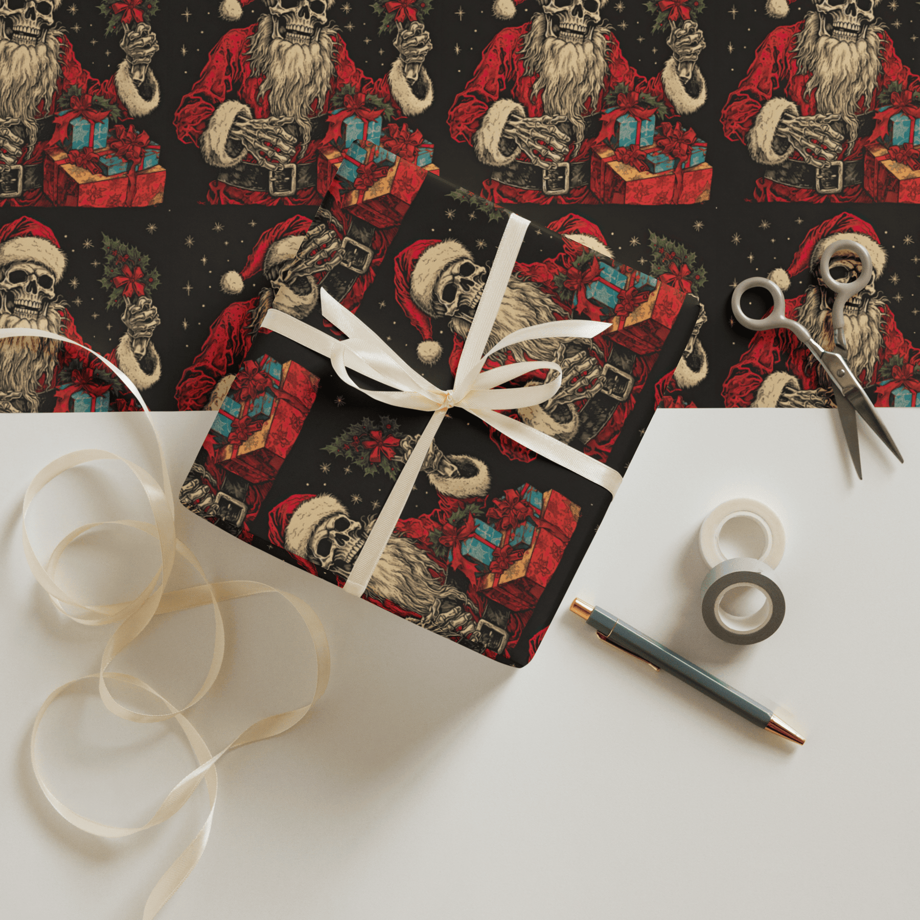 Skeleton Santa Gift Wrap (3 Sheets) - Goth Cloth Co.7941707_17373