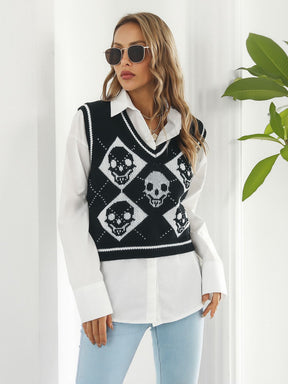 Skull Contrast V - Neck Sweater Vest - Goth Cloth Co.sweater100100239296760