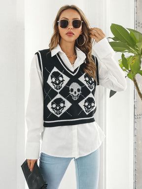 Skull Contrast V - Neck Sweater Vest - Goth Cloth Co.sweater100100239296760