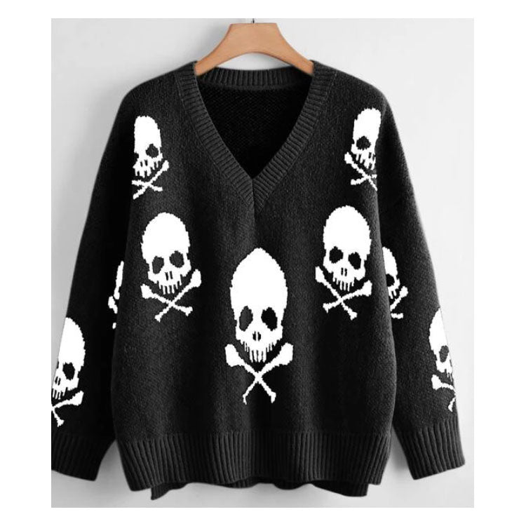 Skull n' Crossbones V - Neck Women's Sweater (Ready to Ship) - Goth Cloth Co.