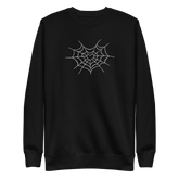 Unisex Halloween sweatshirt featuring a large spider web heart embroidered on the center chest by Goth Cloth Co. – perfect for spooky and gothic fashion.