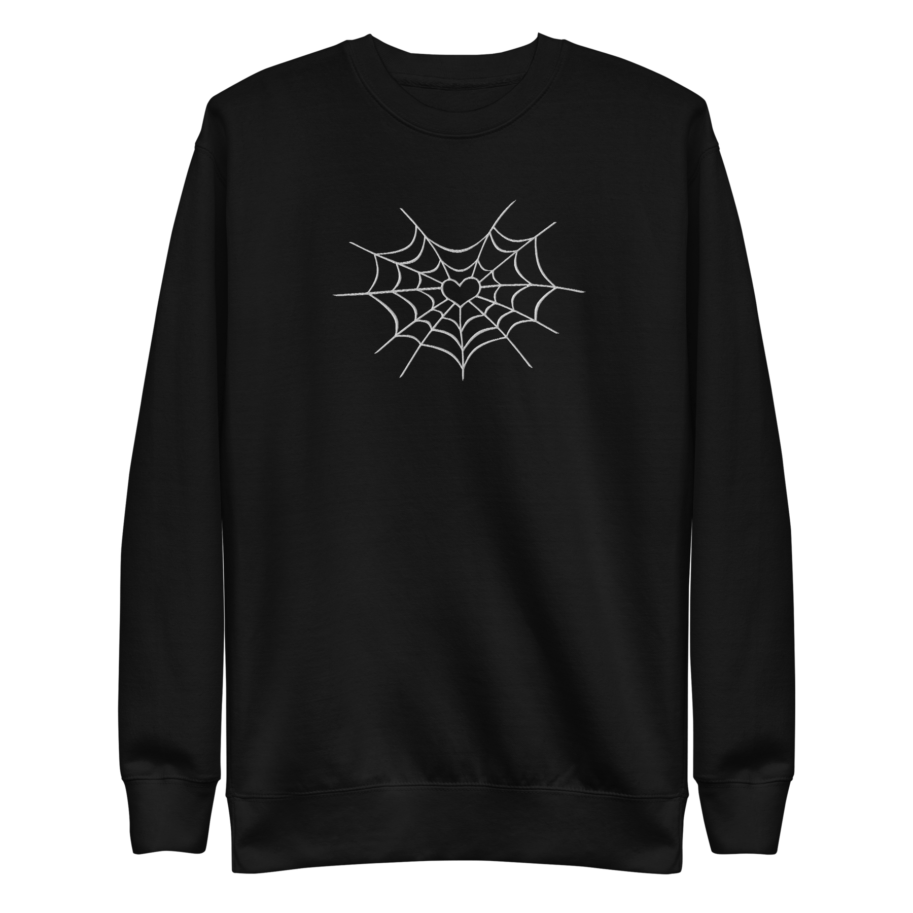 Unisex Halloween sweatshirt featuring a large spider web heart embroidered on the center chest by Goth Cloth Co. – perfect for spooky and gothic fashion.