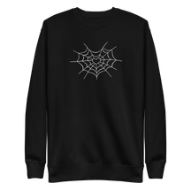 Unisex Halloween sweatshirt featuring a large spider web heart embroidered on the center chest by Goth Cloth Co. – perfect for spooky and gothic fashion.