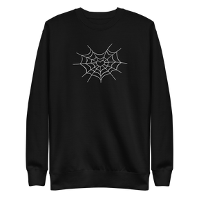 Unisex Halloween sweatshirt featuring a large spider web heart embroidered on the center chest by Goth Cloth Co. – perfect for spooky and gothic fashion.