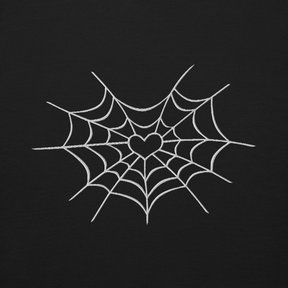 Unisex Halloween sweatshirt featuring a large spider web heart embroidered on the center chest by Goth Cloth Co. – perfect for spooky and gothic fashion.