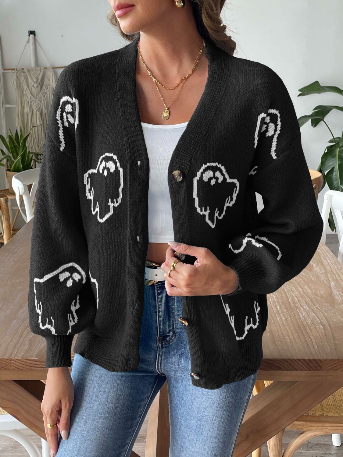 V - Neck Dropped Shoulder Ghost Cardigan - Goth Cloth Co.sweater100100110429010