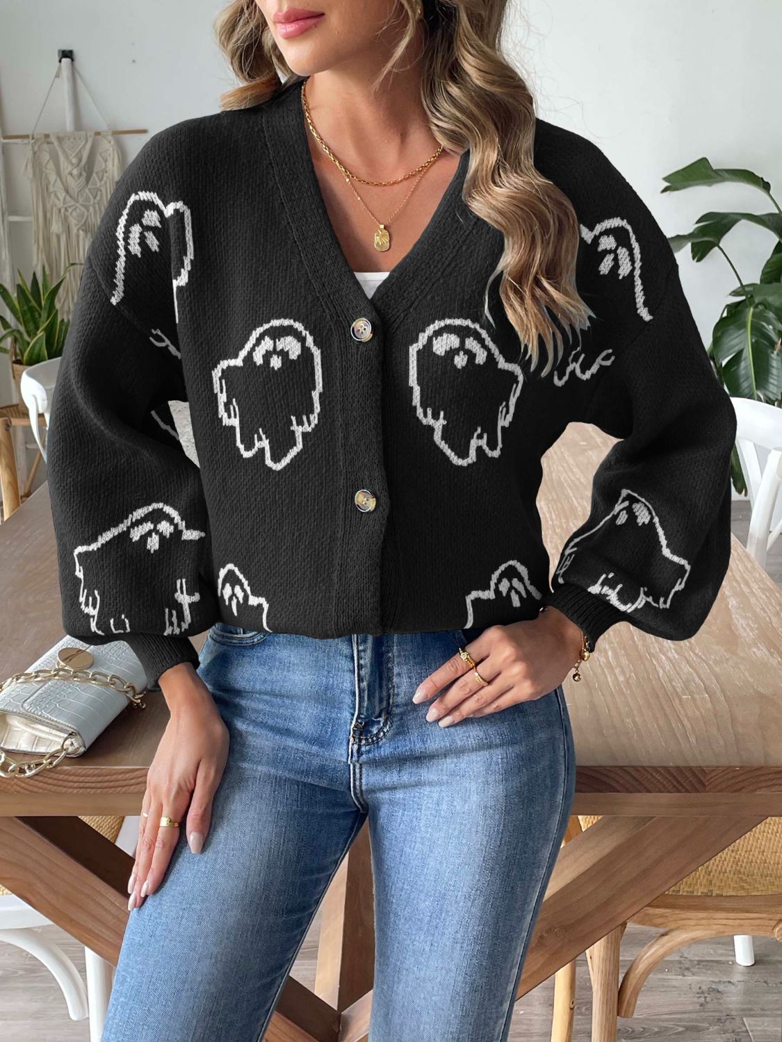 V - Neck Dropped Shoulder Ghost Cardigan - Goth Cloth Co.sweater100100110429010