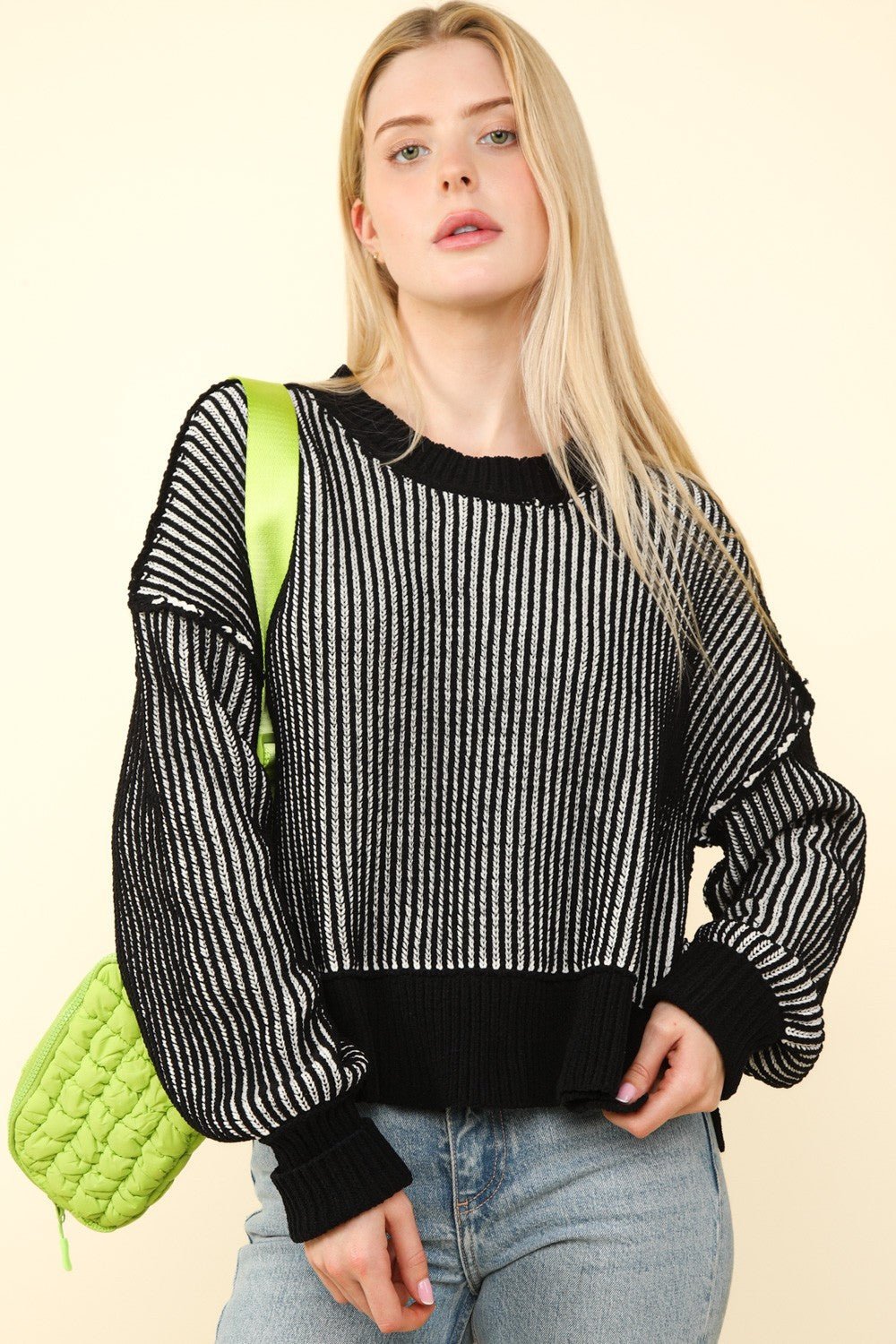 VERY J Exposed Seam Cropped Striped Slit Sweater - Goth Cloth Co.sweater100100082541930