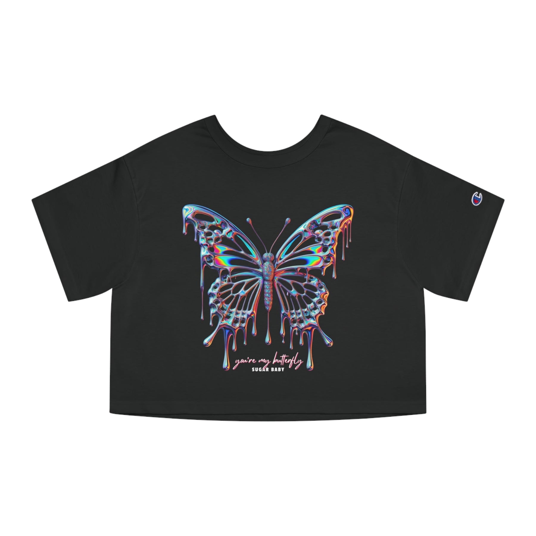 Champion Heritage Women's Crop Top with Y2K Neon Butterfly Design - Front View